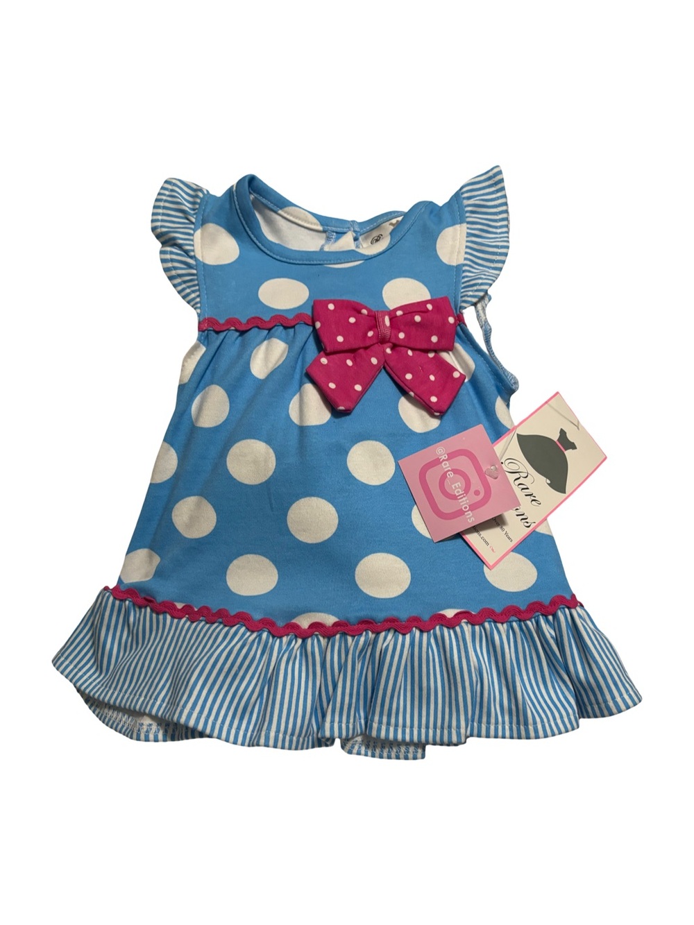 Rare Editions Blue & White Polka Dot Dress with Pink Bow